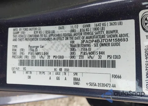 2013 Ford Fiesta Se z USA, uszkodzony, nr VIN 3FADP4BJ7DM158693